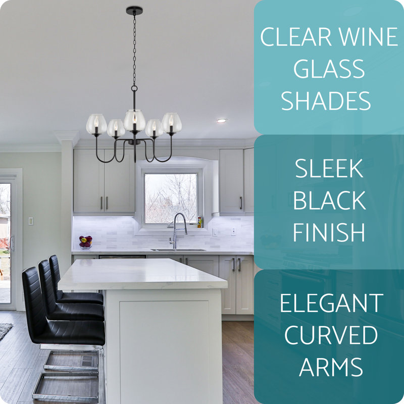 Black 5-Light Modern Chandelier with Clear Glass Shades