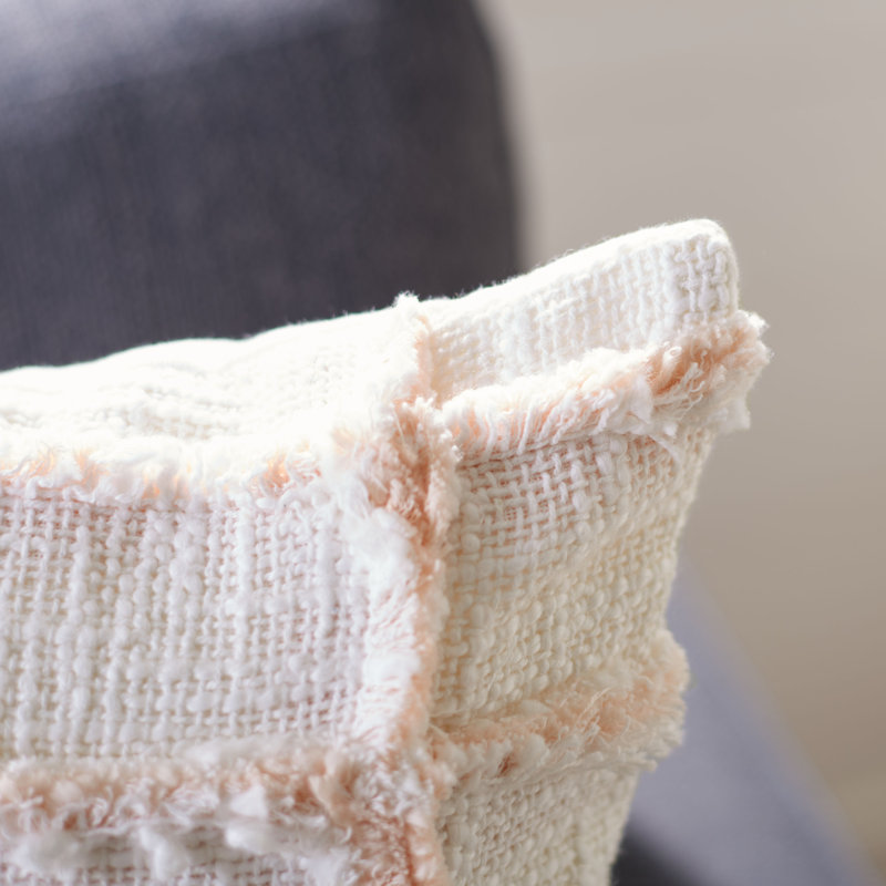 Lonis 18" White and Pink Fringed Cotton Accent Pillow