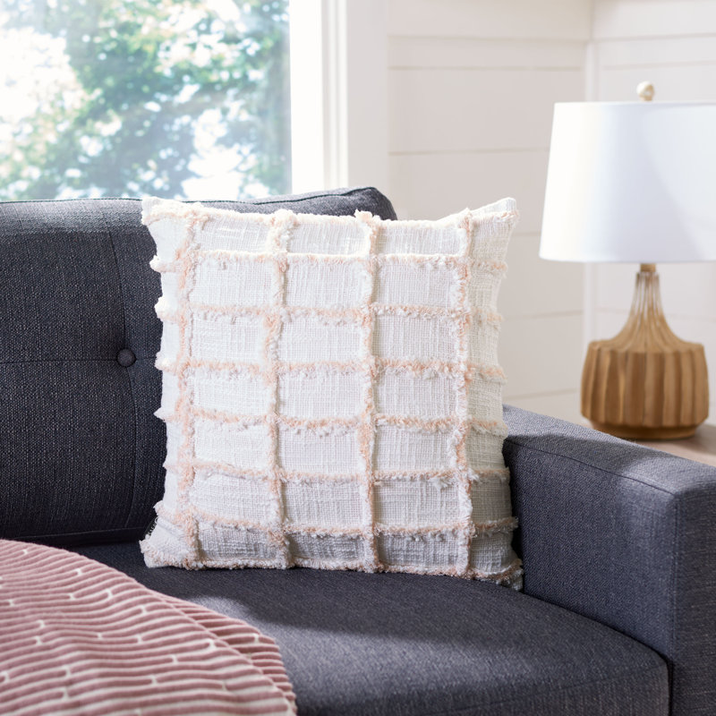 Lonis 18" White and Pink Fringed Cotton Accent Pillow
