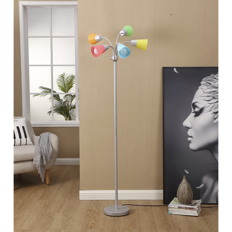Silver 78" Adjustable 5-Light LED Floor Lamp with White Shades