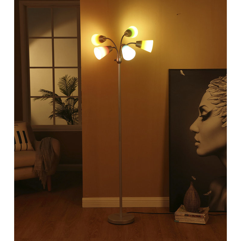 Silver 78" Adjustable 5-Light LED Floor Lamp with White Shades
