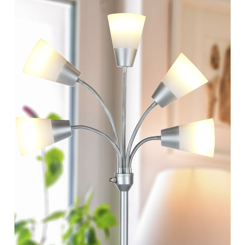 Silver 78" Adjustable 5-Light LED Floor Lamp with White Shades