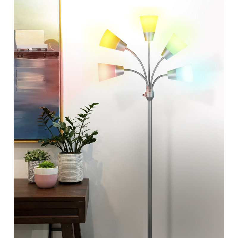 Silver 78" Adjustable 5-Light LED Floor Lamp with White Shades