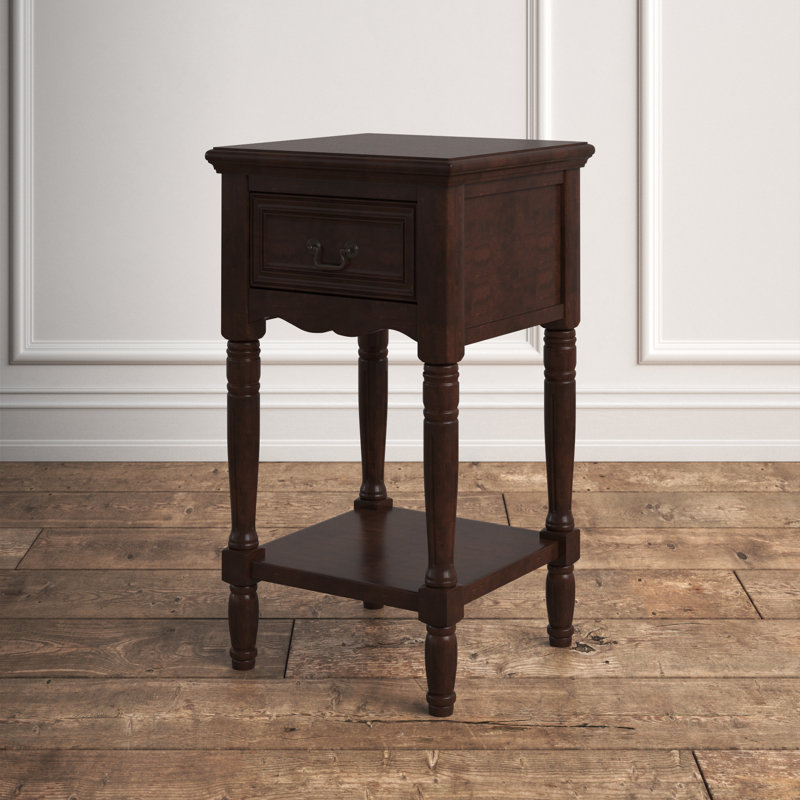 Antiqued Dark Brown Solid Wood Nightstand with 1 Drawer