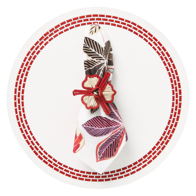 Red and White Vinyl Round Placemat Set with Leather Bands