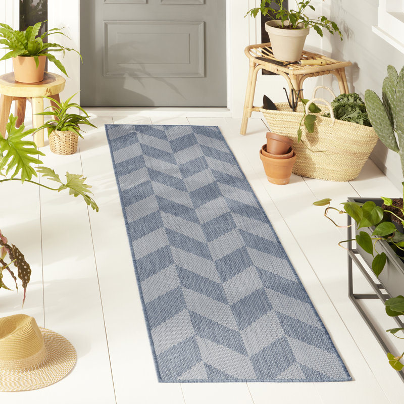 Modern Chic Blue/Grey Geometric Indoor/Outdoor Runner Rug