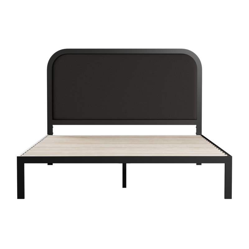 Charcoal King Metal Platform Bed with Rounded Upholstered Headboard