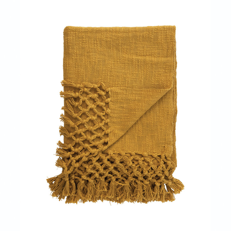Yellow Crocheted Cotton Throw Blanket with Fringe