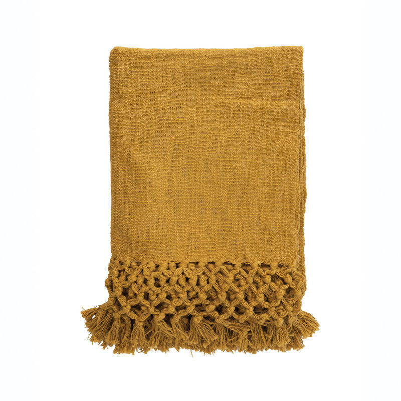Yellow Crocheted Cotton Throw Blanket with Fringe