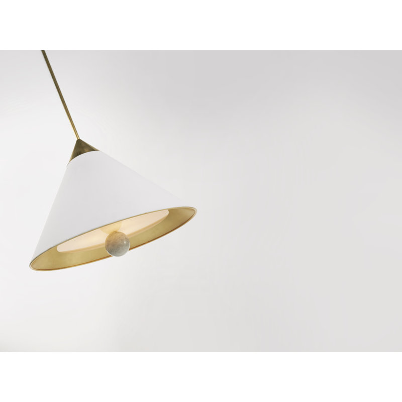 White and Brass Conical Pendant Light with Crystal Accents