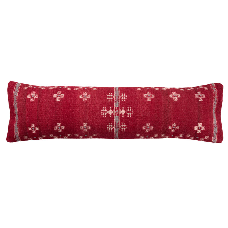 Red Wool Blend Embroidered Lumbar Pillow with Cotton Back