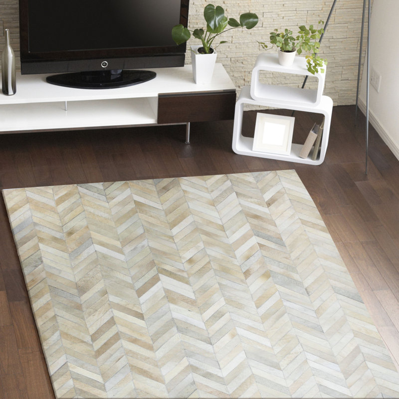 Handmade White Cowhide Geometric 9' x 12' Area Rug