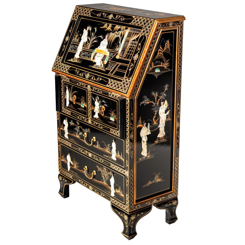 Exquisite Black Lacquer Secretary Desk with Mother-of-Pearl Accents