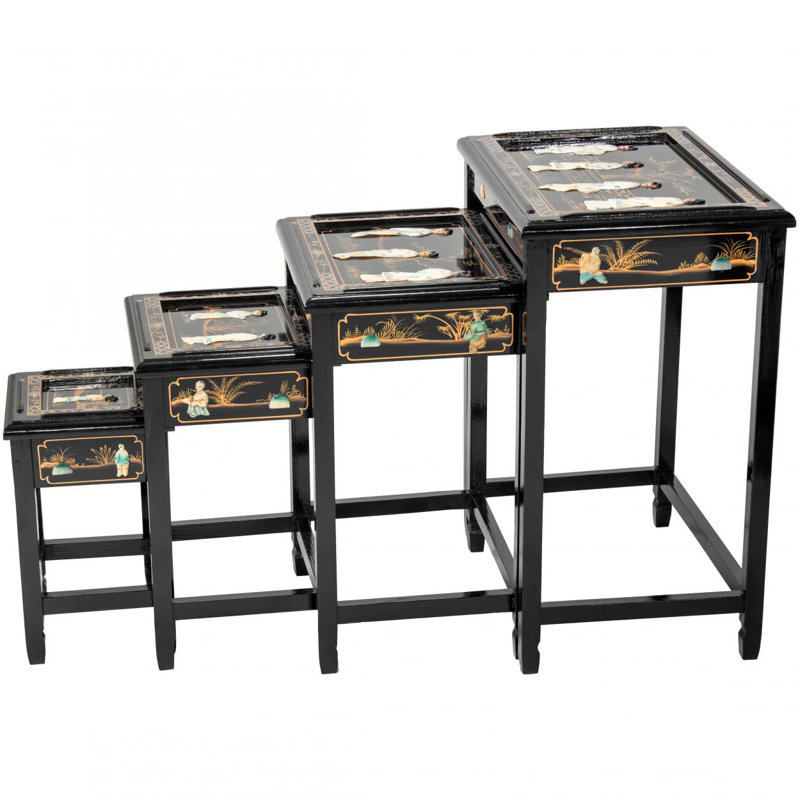 Elegant Elmwood Black Lacquer Nesting Tables with Mother of Pearl Inlay