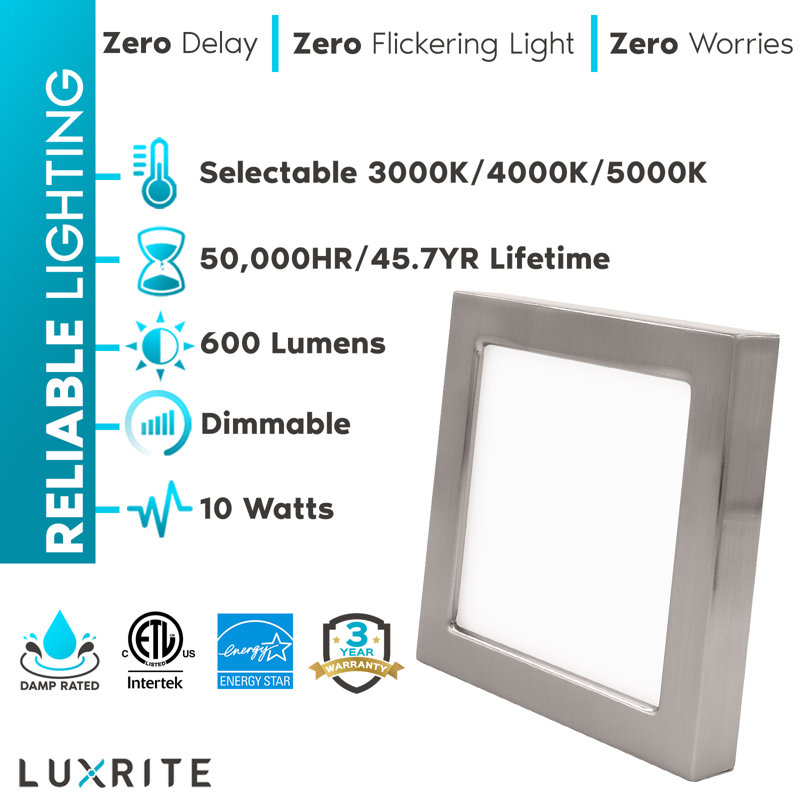 Luxrite 4" Square Silver LED Flush Mount 3-Color Selectable 600 Lumens
