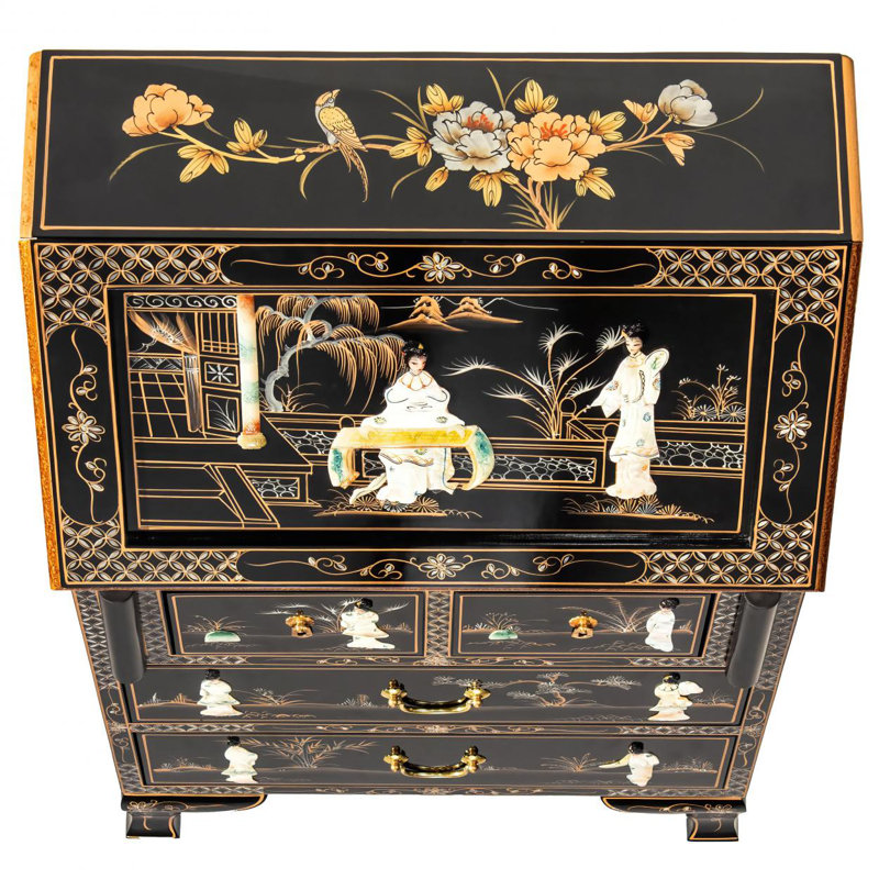 Exquisite Black Lacquer Secretary Desk with Mother-of-Pearl Accents