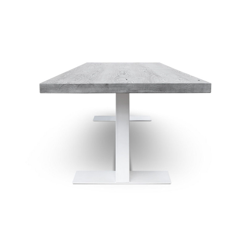 Gray Solid Wood Rectangular Dining Table with White Metal Base