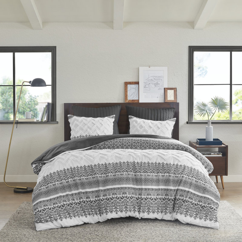 Mila Gray Cotton King Duvet Cover Set with Chenille Tufting
