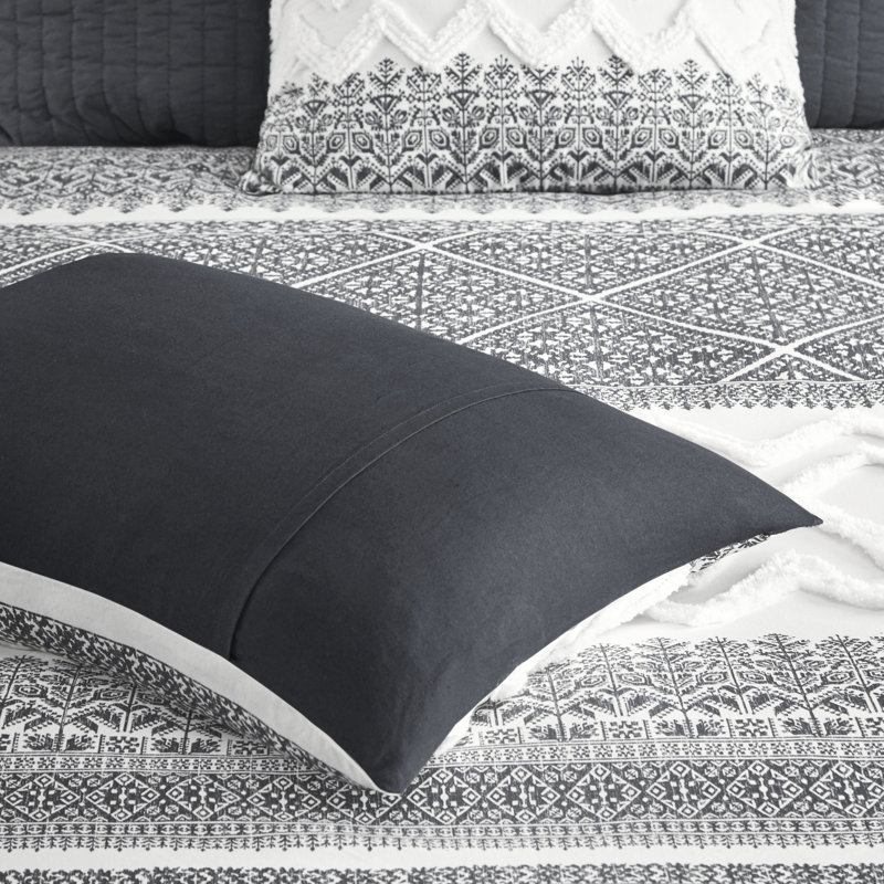 Mila Gray Cotton King Duvet Cover Set with Chenille Tufting