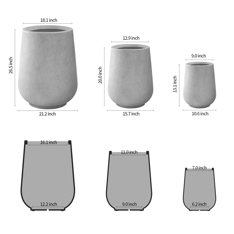 Eco-Friendly Natural Concrete Tall Planters Set of 3 with Drainage