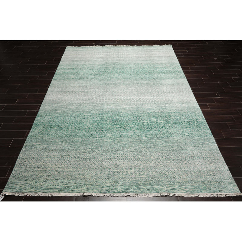Gray and Green Hand-Knotted Wool 9' x 12' Area Rug