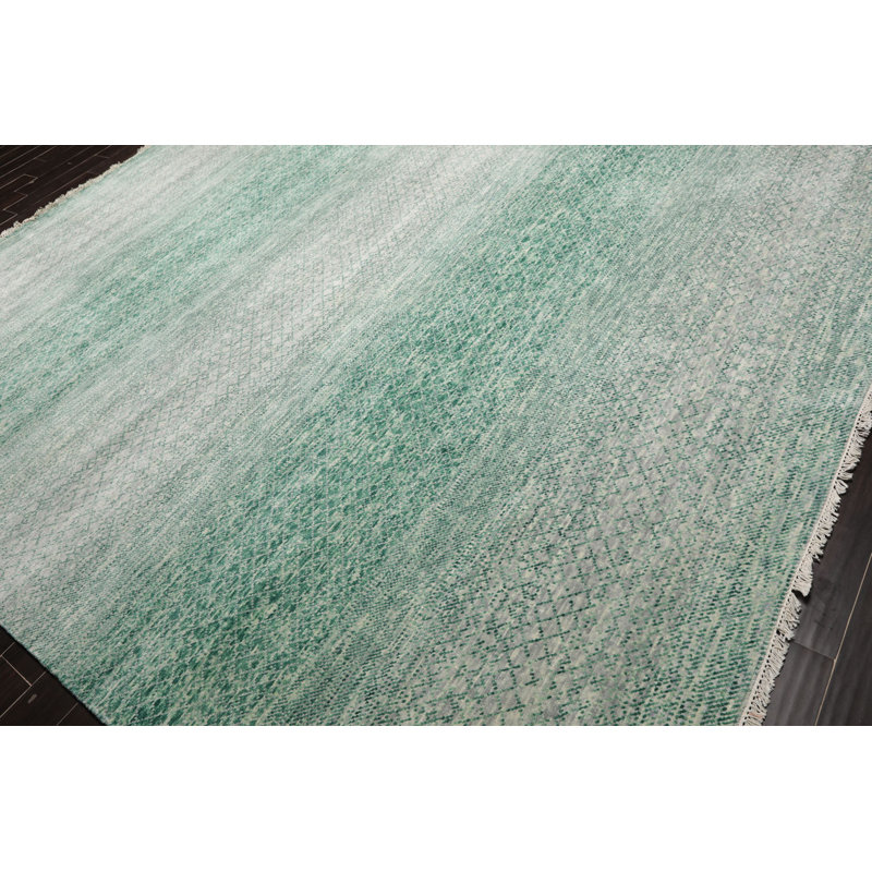 Gray and Green Hand-Knotted Wool 9' x 12' Area Rug