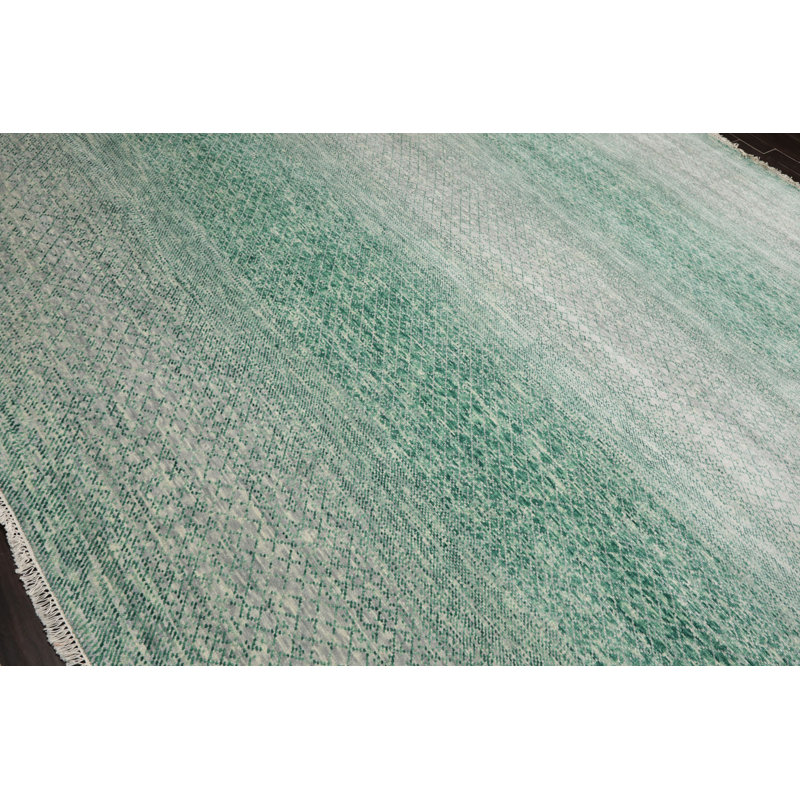 Gray and Green Hand-Knotted Wool 9' x 12' Area Rug