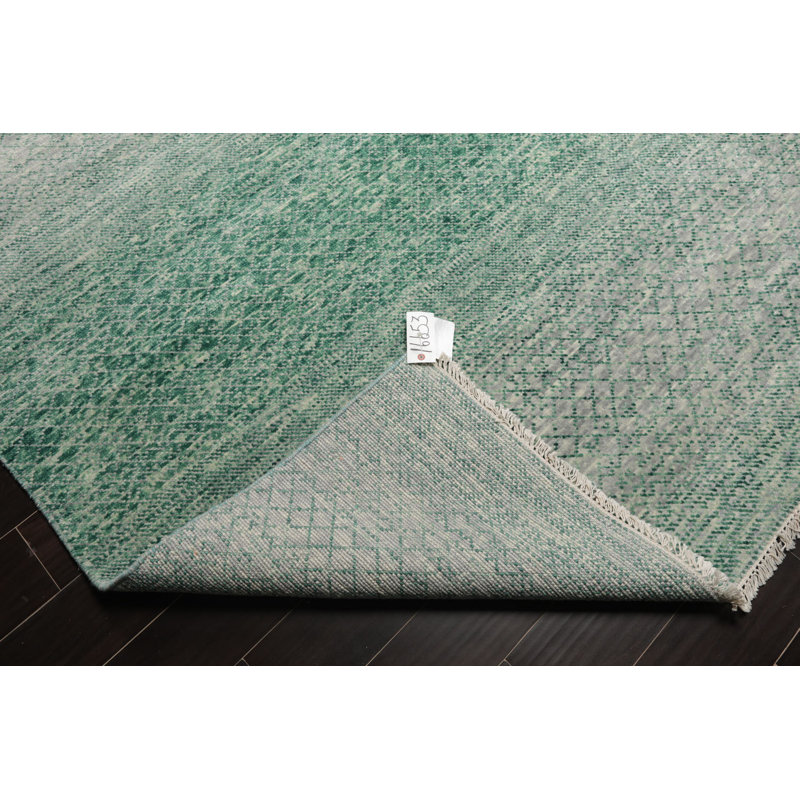 Gray and Green Hand-Knotted Wool 9' x 12' Area Rug