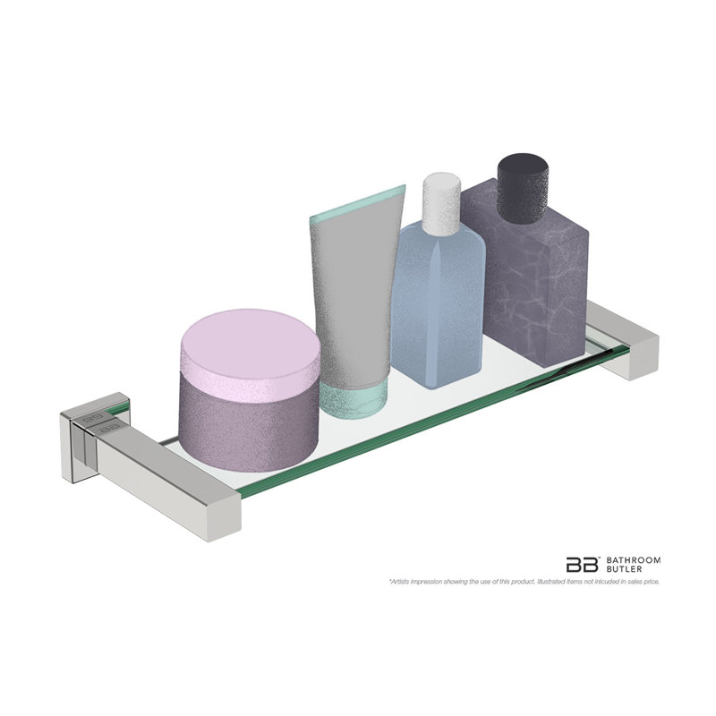 Polished Stainless Steel and Glass Modern Bathroom Shelf