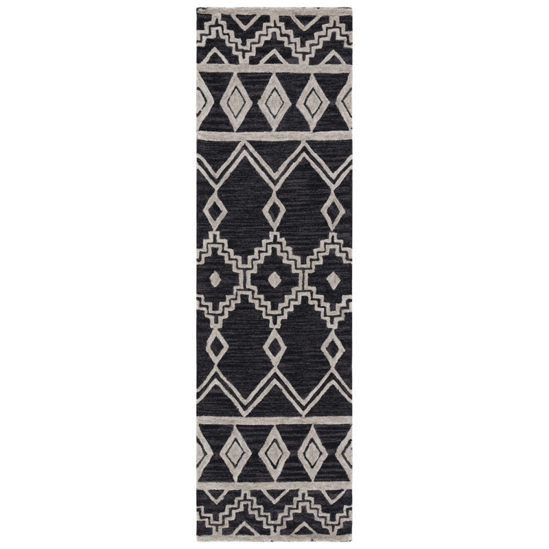 Handmade Tufted Abstract Black Wool Runner Rug 27in x 7in