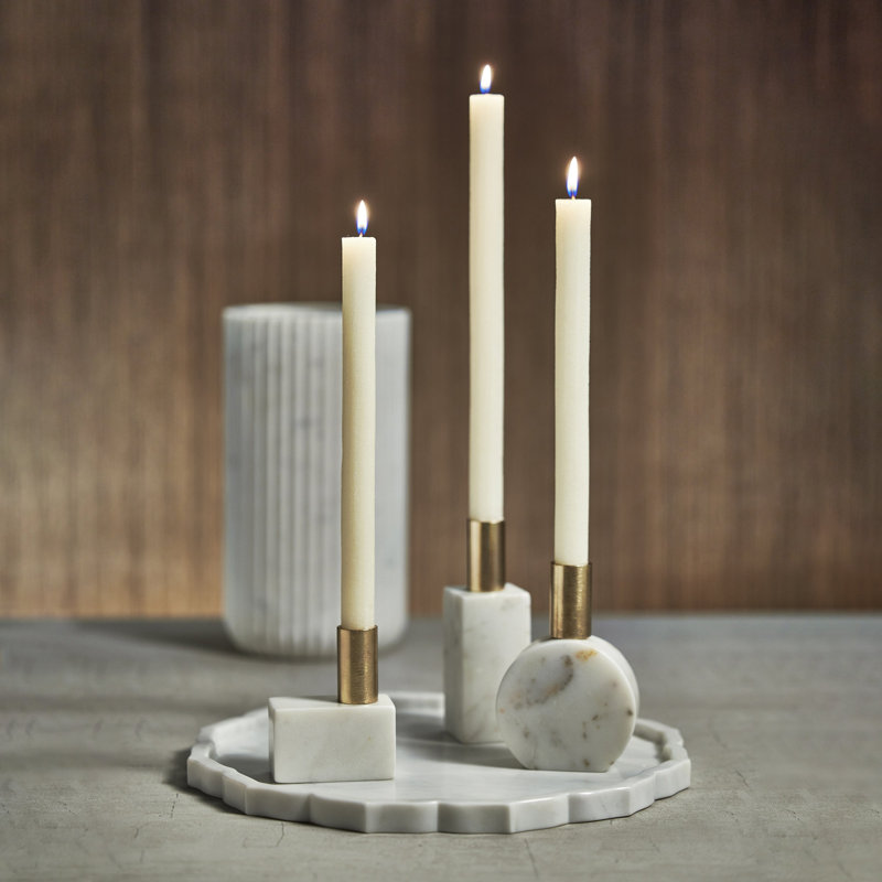 White and Gold Rectangular Marble Candle Holder with Brass Accents