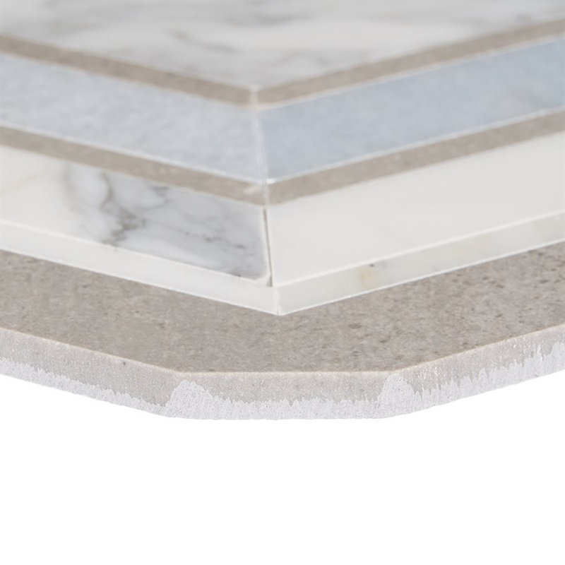 Cream and Blue Geometric Polished Marble Mosaic Tile 11x18