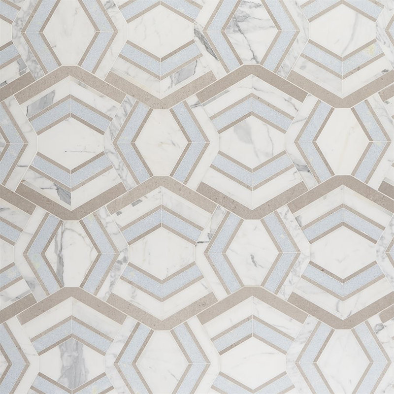 Cream and Blue Geometric Polished Marble Mosaic Tile 11x18