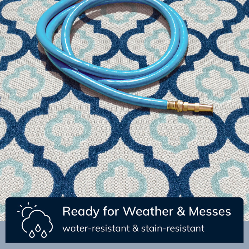 Reversible Geometric Blue Synthetic 3'11" x 5'3" Indoor/Outdoor Rug