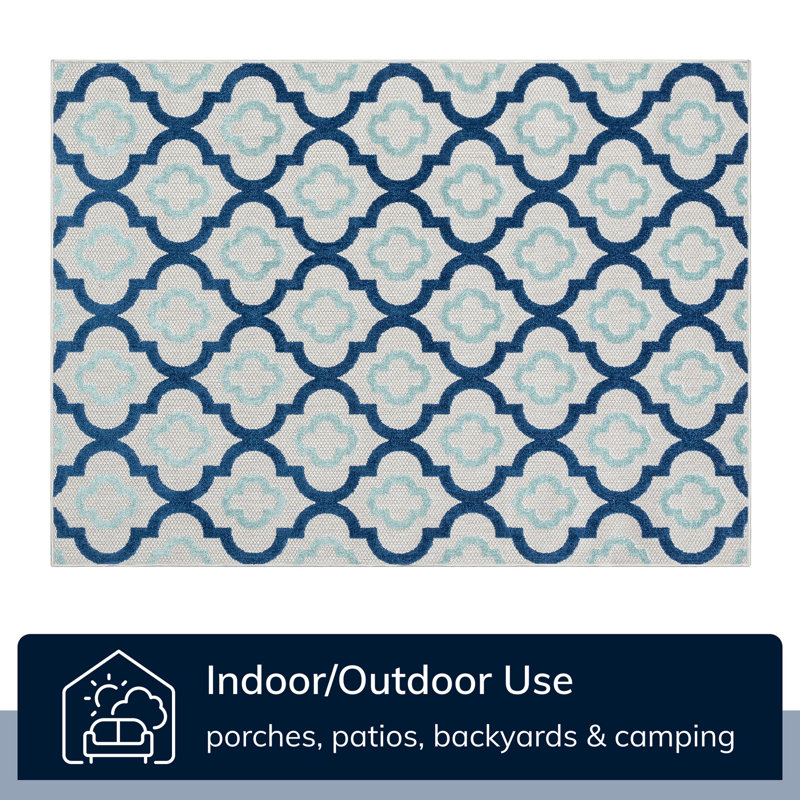 Reversible Geometric Blue Synthetic 3'11" x 5'3" Indoor/Outdoor Rug