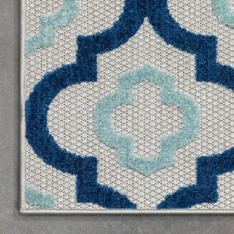 Reversible Geometric Blue Synthetic 3'11" x 5'3" Indoor/Outdoor Rug
