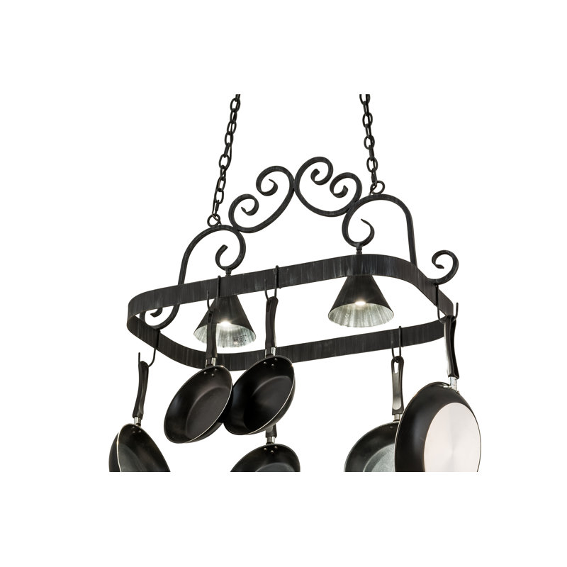 Elana Antique Iron Hanging Pot Rack with Lights
