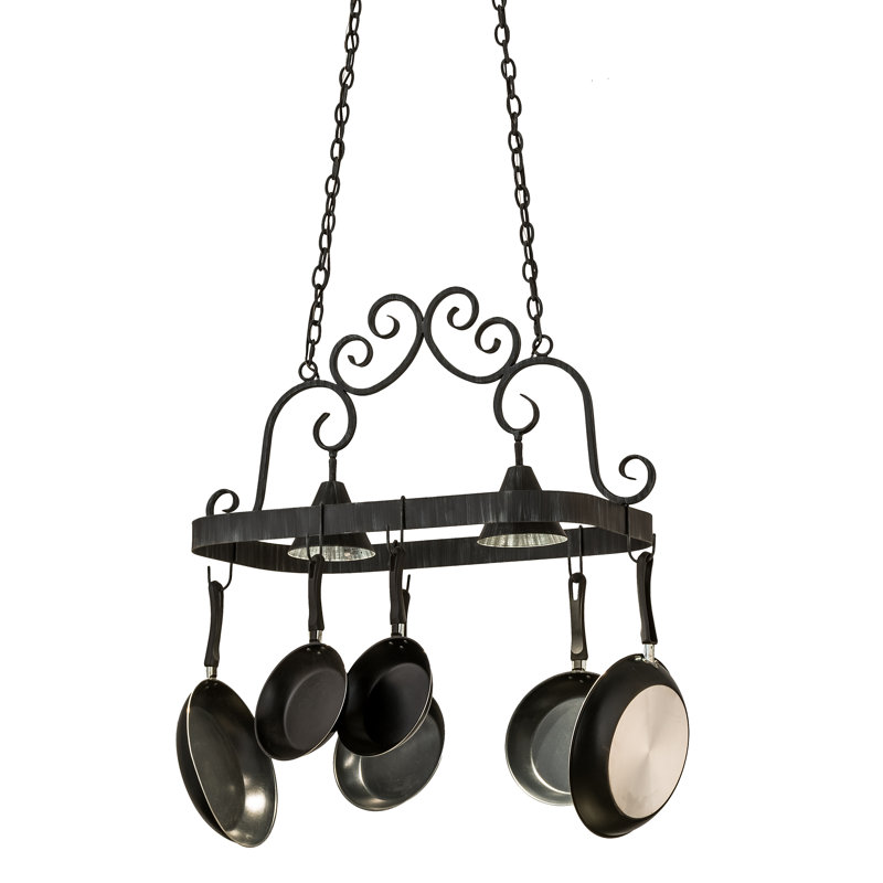 Elana Antique Iron Hanging Pot Rack with Lights