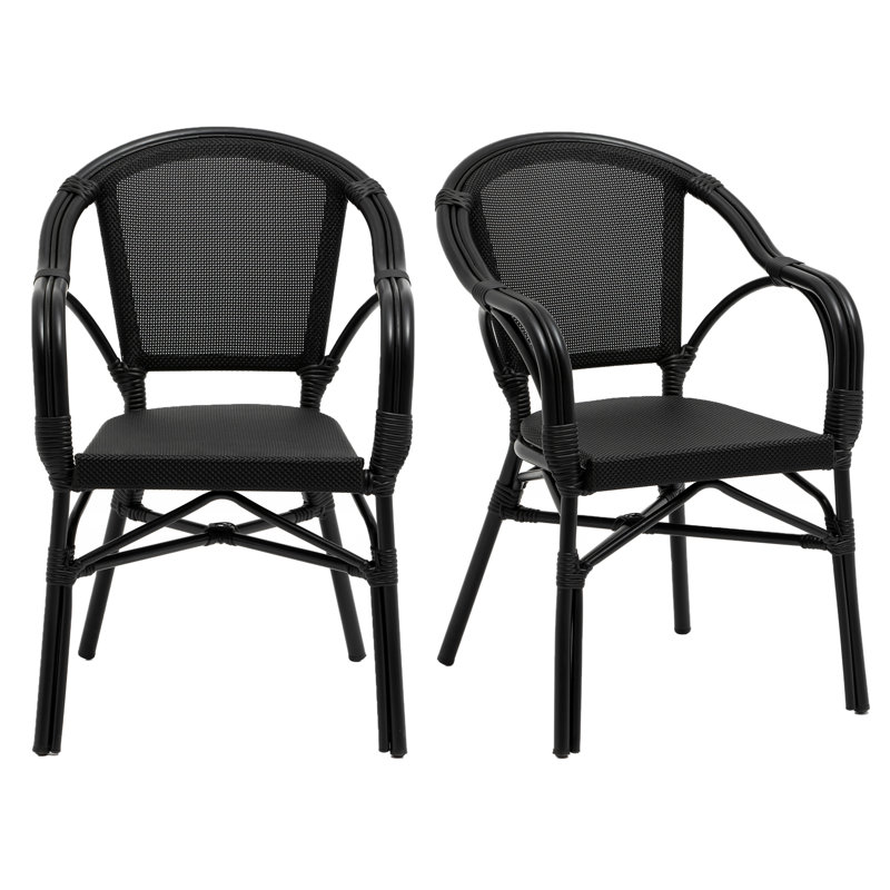 Black Aluminum Mesh Stackable Dining Armchairs, Set of 2