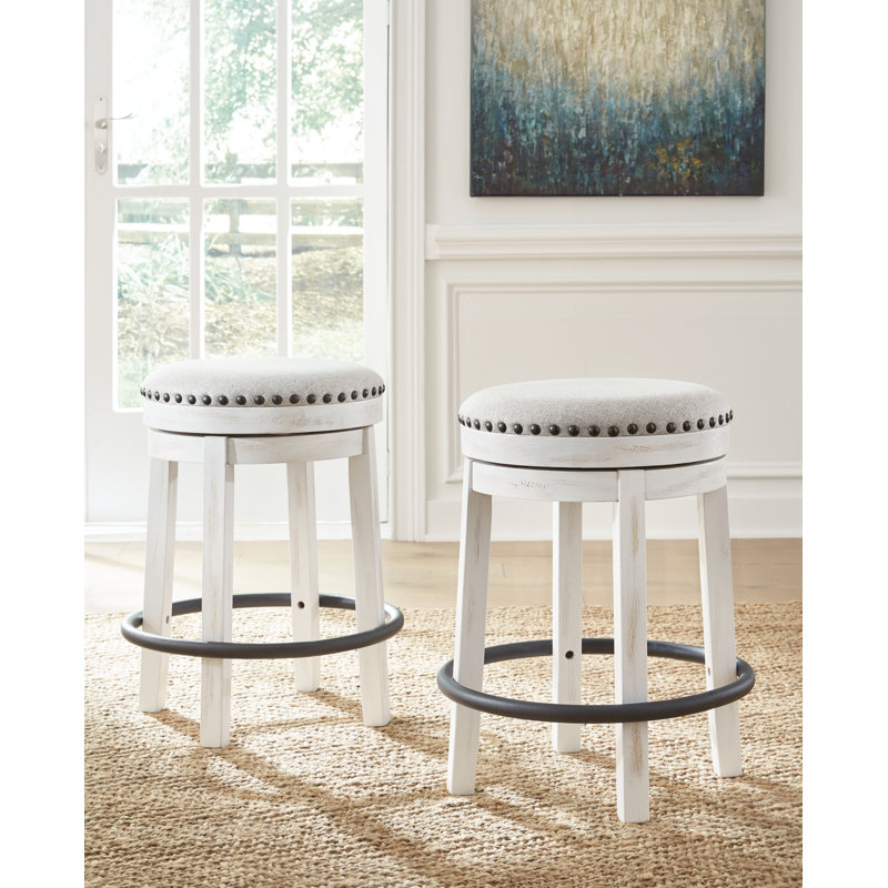 Transitional Beige Cushioned Swivel Barstool with Black Metal Footrest