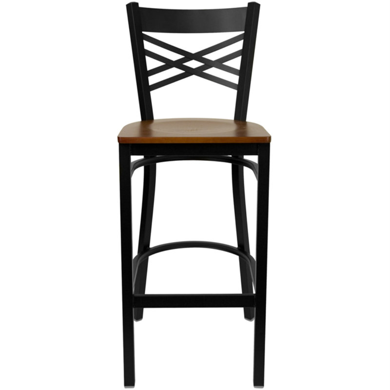 Hercules Chic X-Back 29" Black Metal Barstool with Cherry Wood Seat