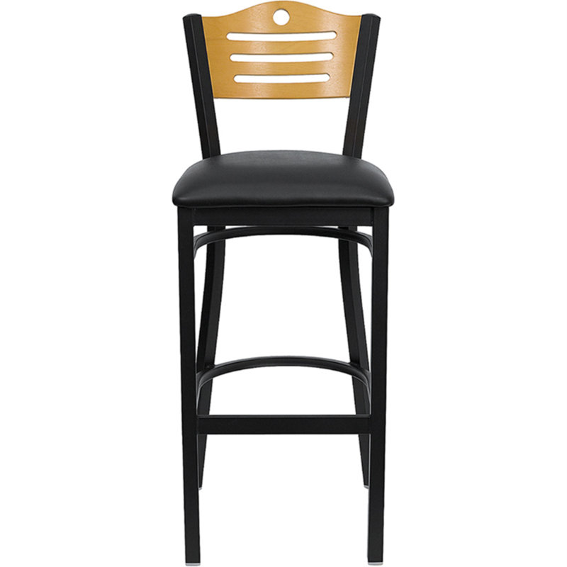 Black Metal Bar Stool with Decorative Cutout Back and Vinyl Seat