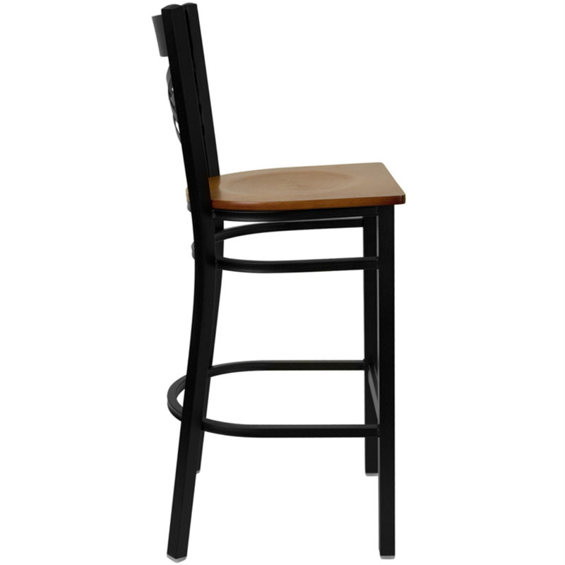 Hercules Chic X-Back 29" Black Metal Barstool with Cherry Wood Seat
