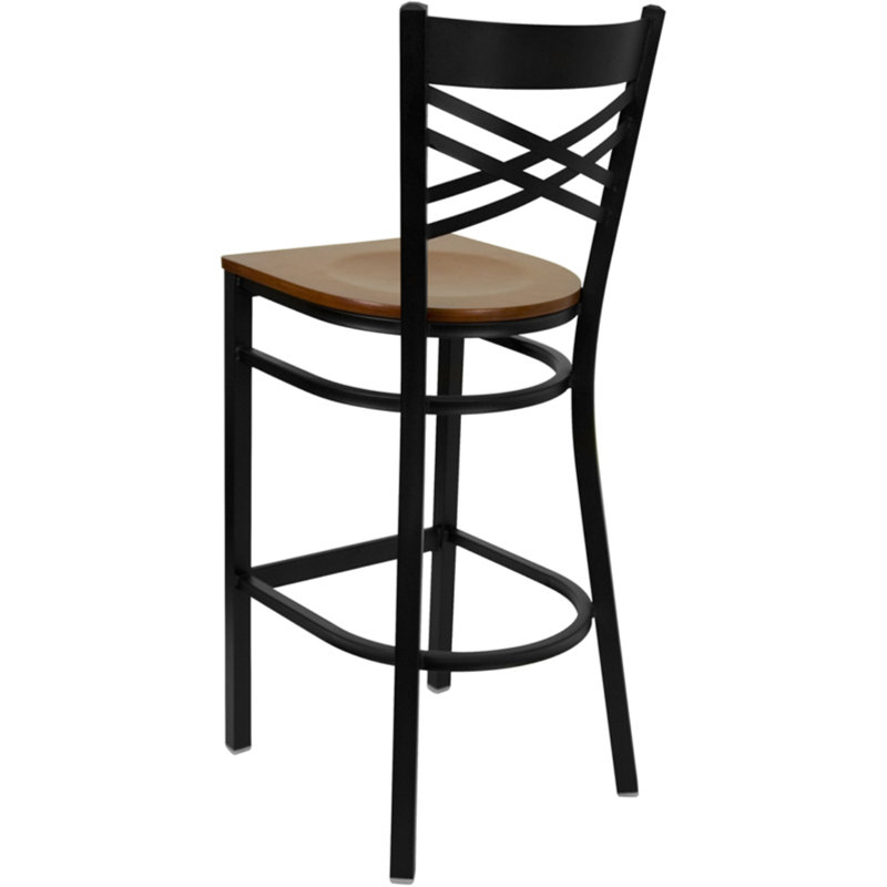 Hercules Chic X-Back 29" Black Metal Barstool with Cherry Wood Seat