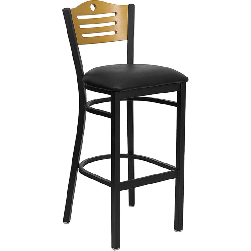 Black Metal Bar Stool with Decorative Cutout Back and Vinyl Seat
