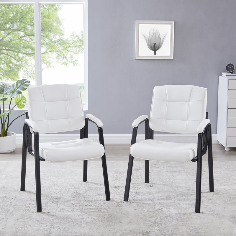White Faux Leather Executive Guest Chairs with Metal Frame, Set of 2