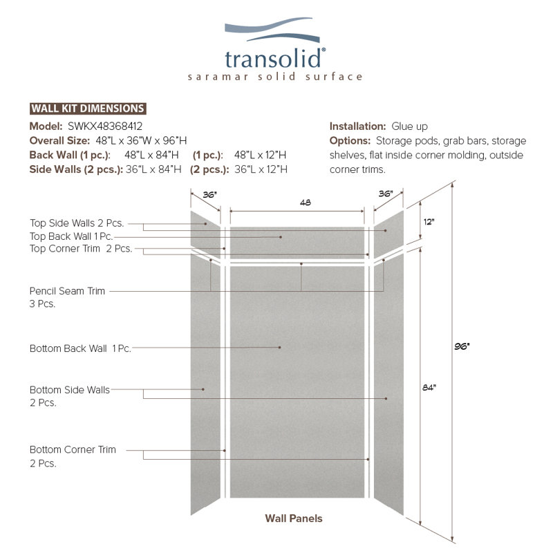 SaraMar 48'' W Gray Solid Surface Shower Wall Panels