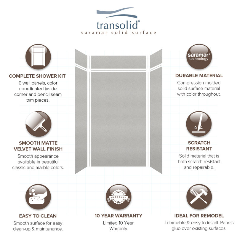 SaraMar 48'' W Gray Solid Surface Shower Wall Panels