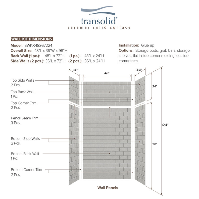 SaraMar 48'' Wide Grey Beach Subway Tile 6-Piece Shower Wall Kit