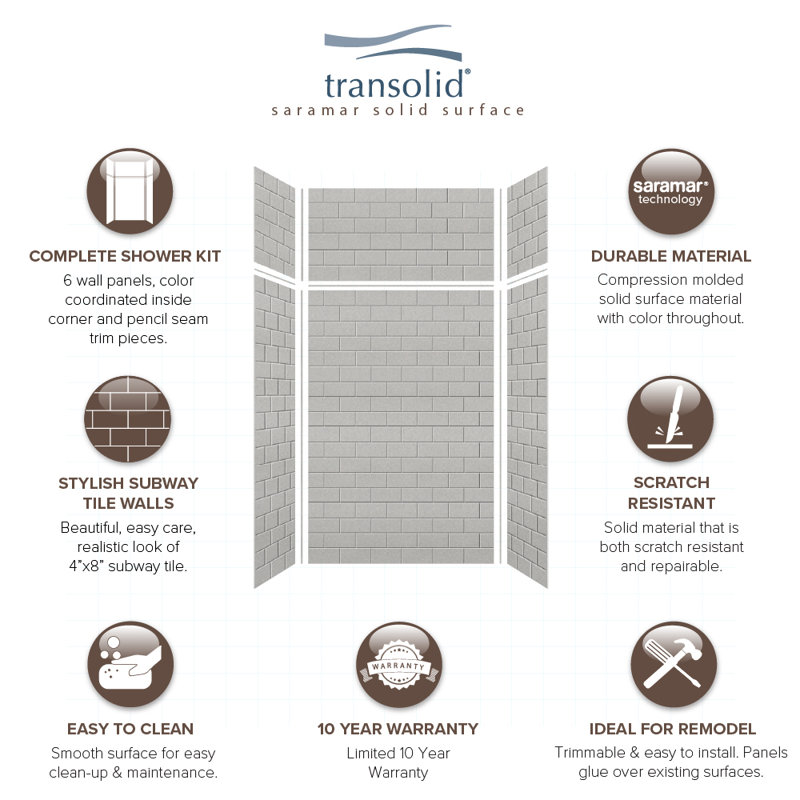 SaraMar 48'' Wide Grey Beach Subway Tile 6-Piece Shower Wall Kit